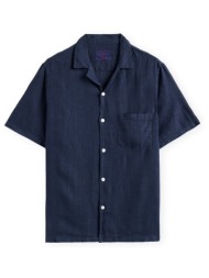 πουκάμισο με κοντά μανίκια portuguese flannel linen camp collar shirt - navy |