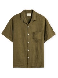 πουκάμισο με κοντά μανίκια portuguese flannel linen camp collar shirt - olive |