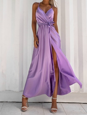 σατεν μακρυ φορεμα με δεσιμο λιλα -anna lucia lilac σε προσφορά