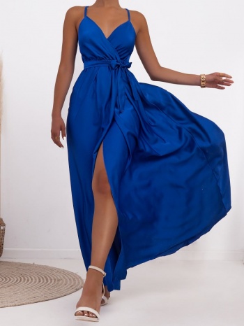 σατεν μακρυ φορεμα με δεσιμο ρουαγιαλ μπλε-anna lucia royal σε προσφορά