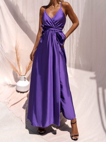 σατεν μακρυ φορεμα με δεσιμο μωβ-anna lucia purple