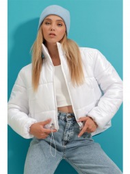 trend alaçatı stili women`s white stand collar double pockets elastic waist inflatable puffer coat
