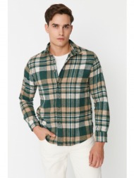trendyol khaki men regular fit woodcut plaid shirt