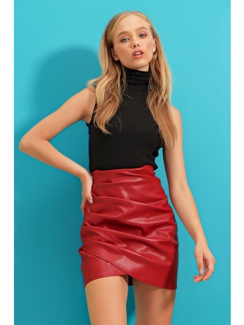 trend alaçatı stili women`s red draped leather skirt σε προσφορά