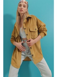 trend alaçatı stili women`s camel velvet cotton double pocket oversize jacket shirt