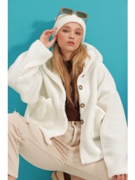 trend alaçatı stili women`s ecru hooded double pocket plush coat