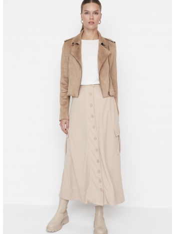trendyol beige high waist buttoned scuba knitted skirt σε προσφορά