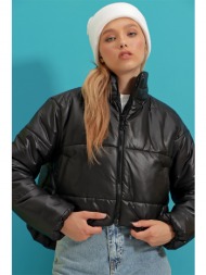 trend alaçatı stili women`s black stand collar double pockets elastic waist inflatable puffer coat