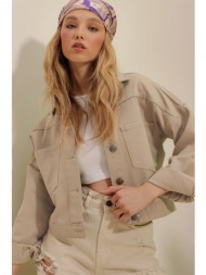 trend alaçatı stili women`s sand beige crop denim jacket