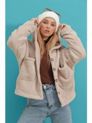 trend alaçatı stili women`s beige hooded double pocket plush coat