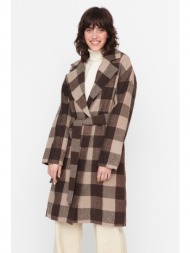 trendyol brown checkered lined stamp coat