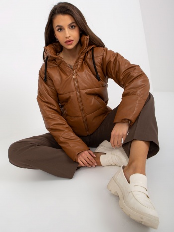 light brown down jacket made of artificial leather with hood σε προσφορά