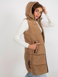 camel long down vest with pockets