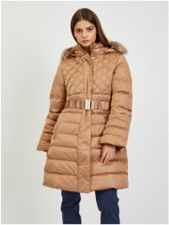 guess brown women`s down winter coat with detachable hood and fur gu - women