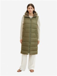 khaki women`s long quilted vest with hood tom tailor - women