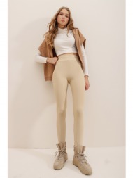 trend alaçatı stili women`s beige high waist ribbed lycra ottoban leggings