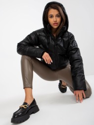 black down jacket made of eco-leather with hood