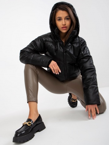 black down jacket made of eco-leather with hood σε προσφορά