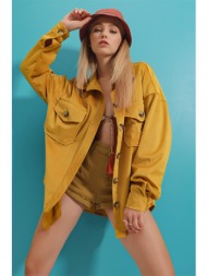 trend alaçatı stili women`s mustard velvet cotton double pocket oversize jacket shirt
