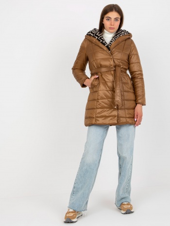transitional camel quilted jacket with belt σε προσφορά