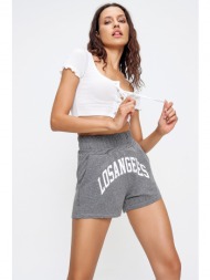 trend alaçatı stili women`s greymelange high waist pocket printed cotton shorts