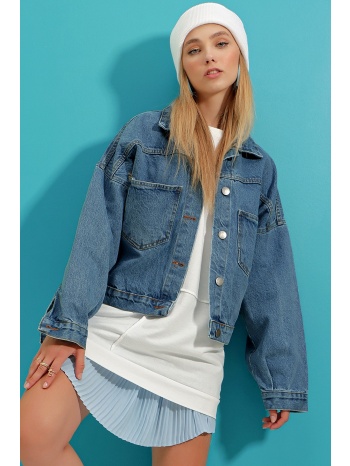 trend alaçatı stili women`s blue crop denim jacket σε προσφορά