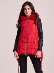 red winter vest with hood and fur