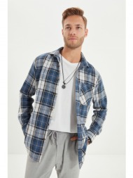 trendyol blue men`s slim fit buttoned collar single pocket lumberjack plaid shirt