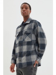 trendyol navy blue men`s oversize shirt collar double flap pocketed lumberjack plaid shirt