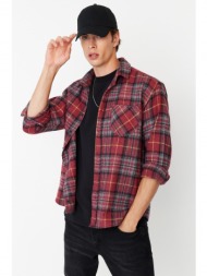 trendyol claret red men`s oversize shirt collar lumberjack plaid single pocket shirt
