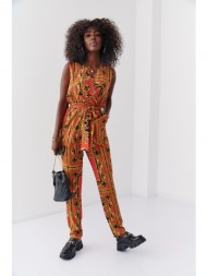 patterned overall with orange-mustard neckline