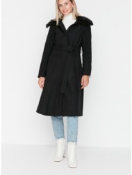 trendyol black collar furry belted long coat