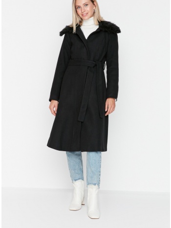 trendyol black collar furry belted long coat σε προσφορά