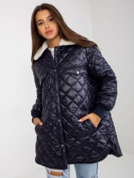 dark blue quilted jacket with fur