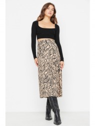 trendyol camel slit detailed ruffle knitted skirt