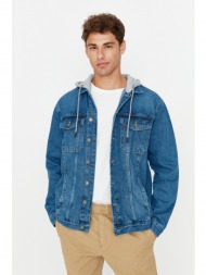 trendyol men`s indigo regular fit knitted hooded denim jacket