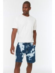 trendyol men`s navy regular fit pleated tie dye wash denim shorts