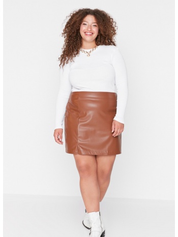 trendyol curve brown slit detailed faux leather skirt σε προσφορά