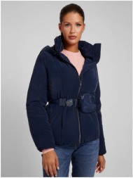 dark blue women`s lightweight jacket with hood and belt with guess pocket - women