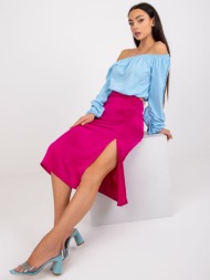 fuchsia midi skirt from imitation satin with slit rue paris