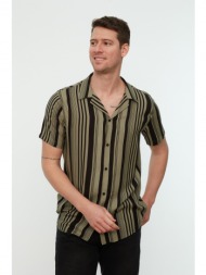 trendyol khaki men regular fit striped top collar flowy viscose shirt