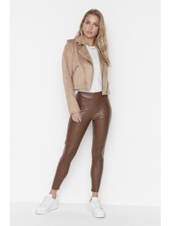 trendyol brown rib detailed leather knitted leggings