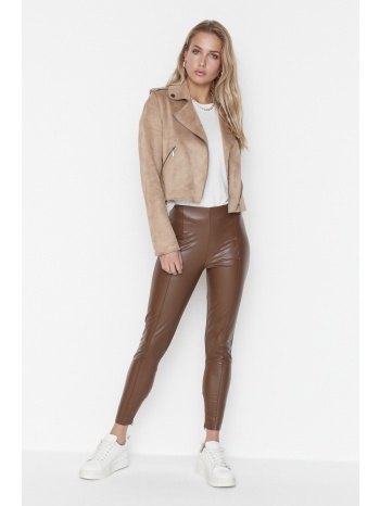 trendyol brown rib detailed leather knitted leggings σε προσφορά