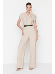 trendyol stone belt double breasted collar jumpsuit
