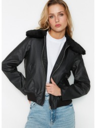trendyol black collar plush detailed faux leather coat