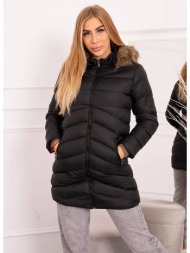 quilted winter jacket with hood and fur black