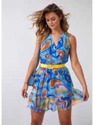 bright, patterned dress with belt in dark blue-yellow color