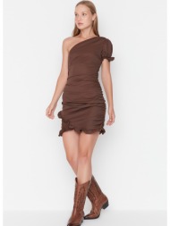 trendyol brown petite one-shoulder draped dress