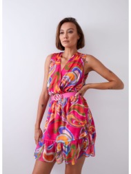 bright, patterned dress with belt, pink and dark blue