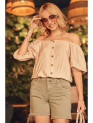 short beige blouse with buttons and short sleeves